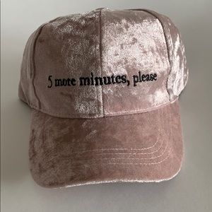 Pink velvet hat embroidered 5 more minutes please